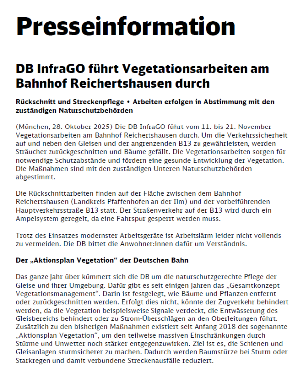 Baumfällarbeiten am Bahnhof Reichertshausen